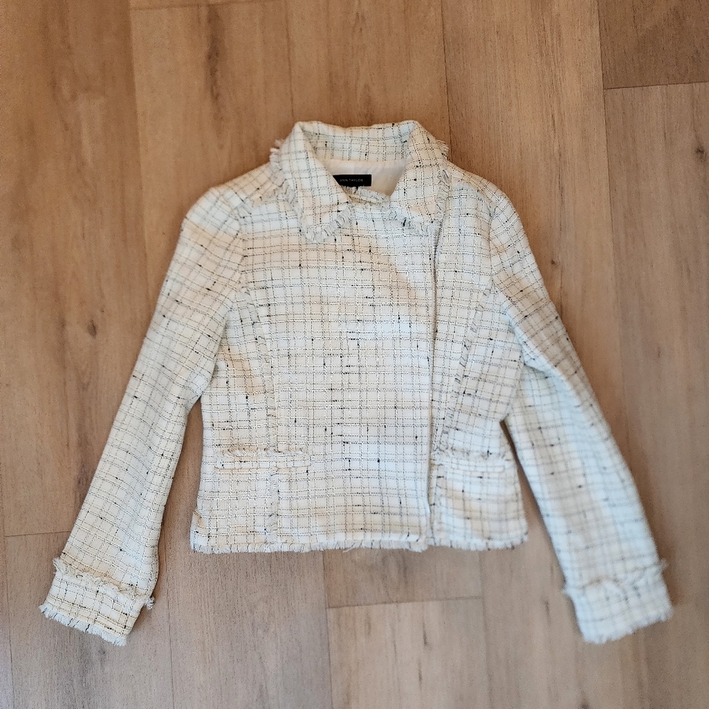 Ann Taylor Cream Tweed Blazer with Textured Trim